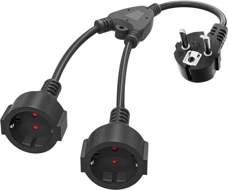 Doppelstecker für Steckdose, Schutzkontakt-Verlängerungskabel mit 2 Schuko-AC-Steckdosen, 2 in 1 Steckdosenadapter mit f...
