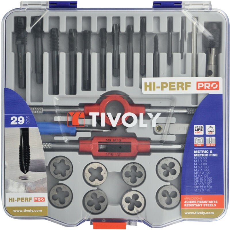 Thumbnail - PRO-Koffer 29-teilig • 12 HSS-Gewindebohrer M3 bis M12 und MF8 bis MF12 • 12 HSS-Schneidbacken M3 bis M12 und MF8 bis MF...