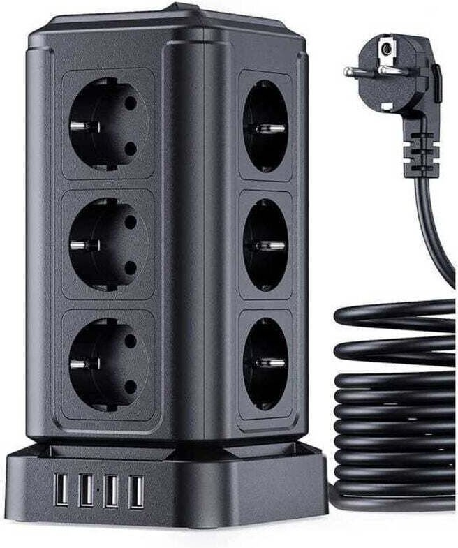 Überspannungsschutz-Verlängerungskabel (4000 W/16 A), Turmsteckdosenleiste mit 4 USB-Anschlüssen und 12 Steckdosen, Stec...