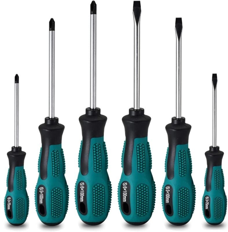 6-teiliges robustes Chrom-Vanadium-Magnetschraubendreher-Set mit 3 Flach- und 3 Kreuzschlitzköpfen
