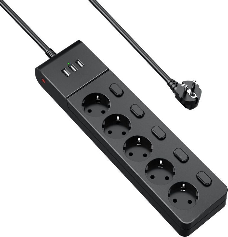 Steckdosenleiste mit Einzelschaltern (16 A/4000 W), Überspannungsschutz, 5 Steckdosen und 3 USB-A-Anschlüsse, 2 m USB-Ve...