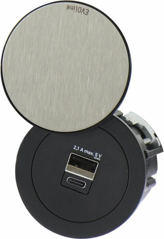 Evoline - One USB-Charger 2-fach Typ a+c, mit Drehdeckel, ks schwarz/Edelstahl