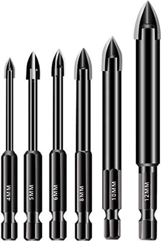 6-teiliges Glasbohrer-Set 4/5/6/8 mm / Hartmetallbestückter Fliesenbohrer 10/12 mm, Sechskantschaft-Speerkopfbohrer für ...