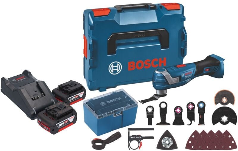 Bosch gop 18V-34 Professional Akku Multi Cutter 18 v Starlock Plus + 2x Akku 5,0 Ah + Ladegerät + 17 tlg. Zubehör + L-Bo...
