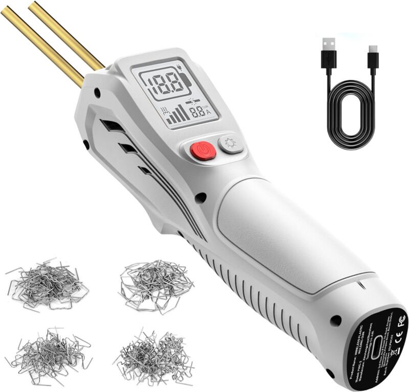 Kabelloser Kunststoff-Schweißpistole mit LCD-Display – Kunststoffschweißset 200 Heftklammern – USB 5000mAh wiederaufladb...