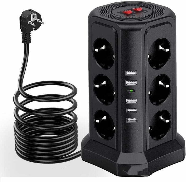 Multiprise Parafoudre et Surtension - Multiprise Électrique avec 5 Ports usb et 12 Prises, 3 Interrupteurs - Couleur Noi...