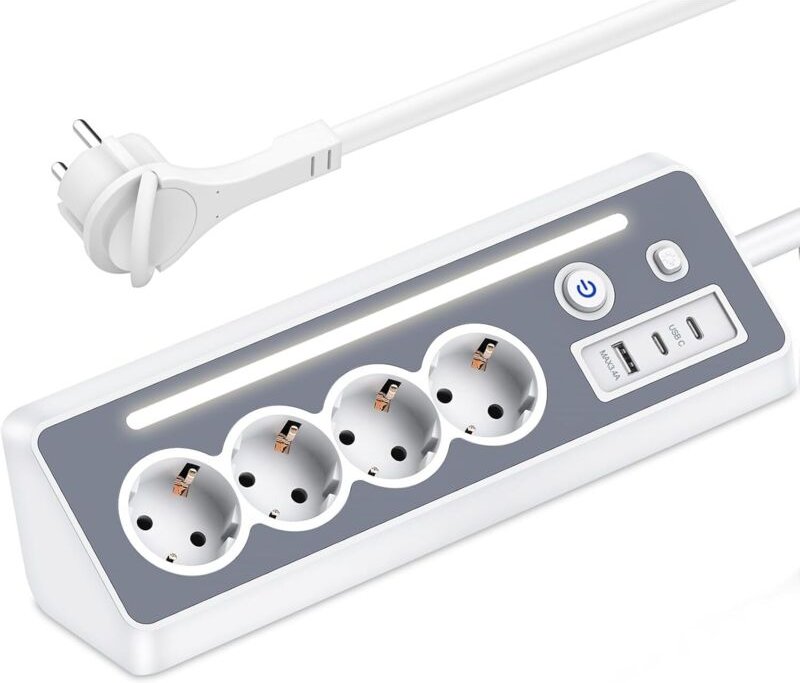 Steckdosenleiste mit USB- und 2 USB-C-Anschlüssen – Ecksteckdosenleiste mit 4 Steckdosen und LED-Anzeige – Überspannungs...