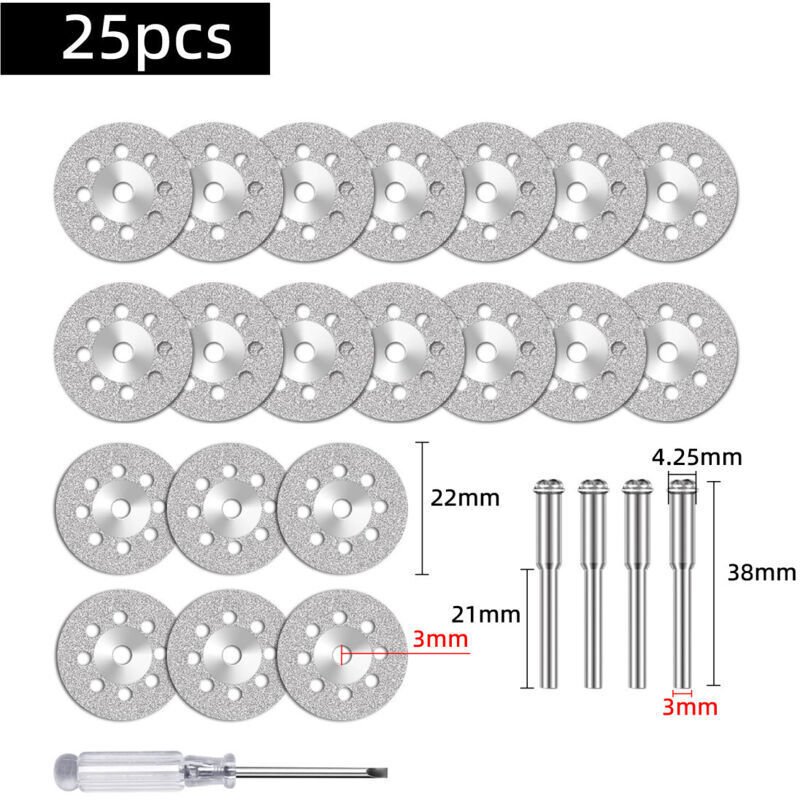 Set mit 25 Diamantschleifscheiben (22 mm) inklusive 402er Dorn (3 mm), 5-teilig, und Schraubendreher für Dremel-Rotation...