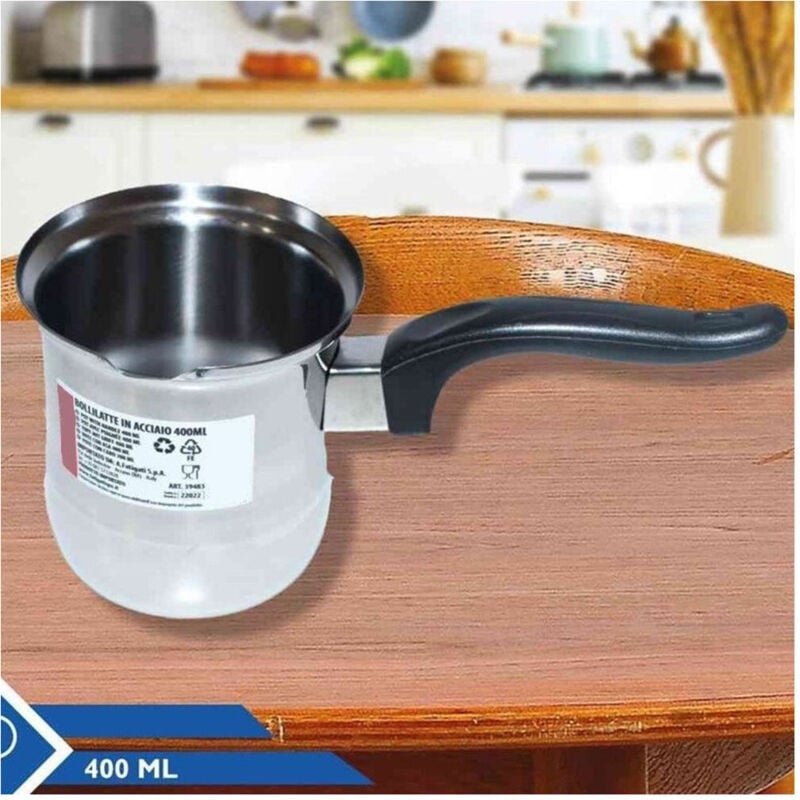 Trade Shop - BOLLITORE BOLLILATTE PENTOLINO IN ACCIAIO INOX 300/400/500/1000ML CON MANICO ERGONOMICO - 400ML