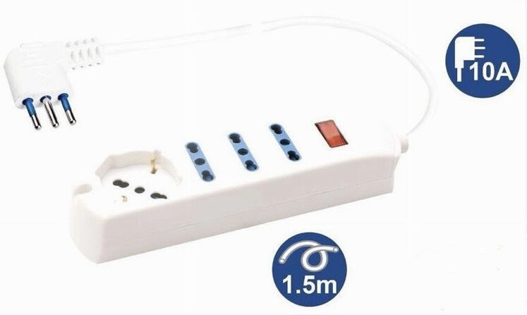 Trade Shop - MEHRFACHE STECKDOSE 1 UNIVERSAL SCHUKO-STECKDOSE + 3 BIPASSO 10/16A STECKER 10A KABEL 1,5MT 80083 -