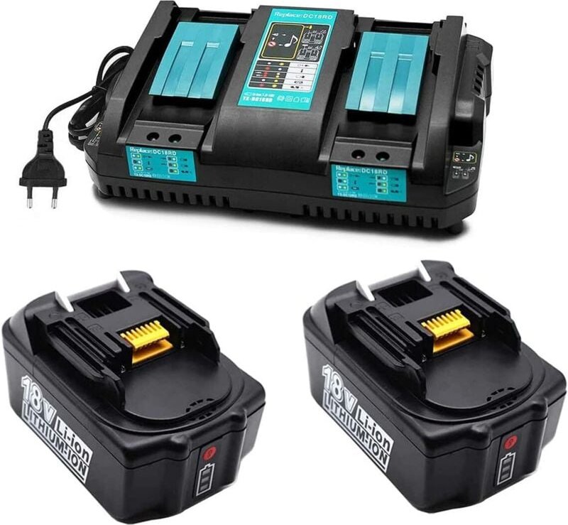 Powerwings - 2x Akkus 18V 5,0Ah Ersatzakku für Makita BL1850B mit DC18RD Schnellladegerät für Makita 18Volt Li-ion Akku ...