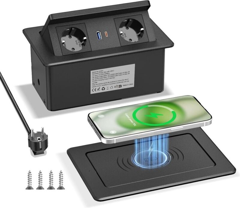 Versenkbare Steckdose mit USB C PD 20W und 15W Kabelloses Ladegerät, Tischsteckdose Versenkbar 2fach, Einbausteckdose Ti...