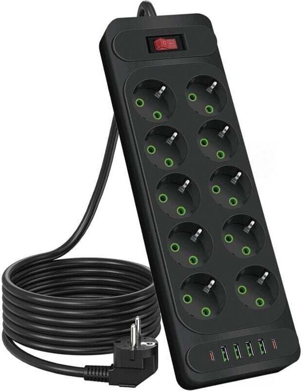 Ulisem 10-fach 2500W Steckdosenleiste mit Schalter, 1,8m Verlängerungskabel, für Smartphones und Tablets, schwarz
