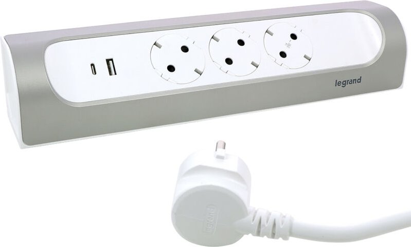Legrand Ecksteckdosenleiste 3x Steckdose, USB A+C, 1m Kabel Farbe: Ultraweiß/Aluminium 694502