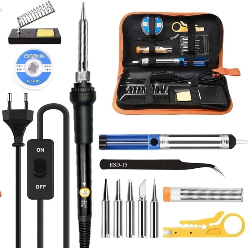 Bluedeer - Lötkolben Set 14-in-1 mit Einstellbarer Temperatur 200-450 °c, EIN/AUS-Schalter, 60W/220V Lötset mit 5 Lötspi...