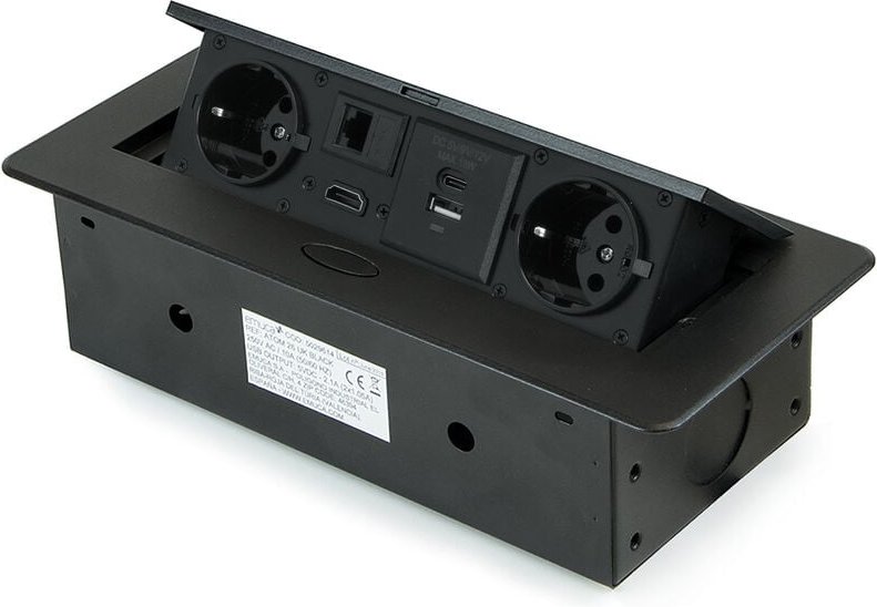 Multistecker Atom 26, 225x111mm, 2 Schuko-Stecker, 1 usb Typ a, 1 usb Typ c, 1 RJ45, 1 hdmi, Zamak-Stahl-Kunststoff, Sch...