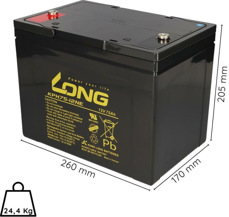 Thumbnail - Kunglong - Ersatzakku für Freerider FR1, Servombil Plus 2x Kung Long Bleiakku KPH75-12NE M6 12V 75Ah zyklenfest