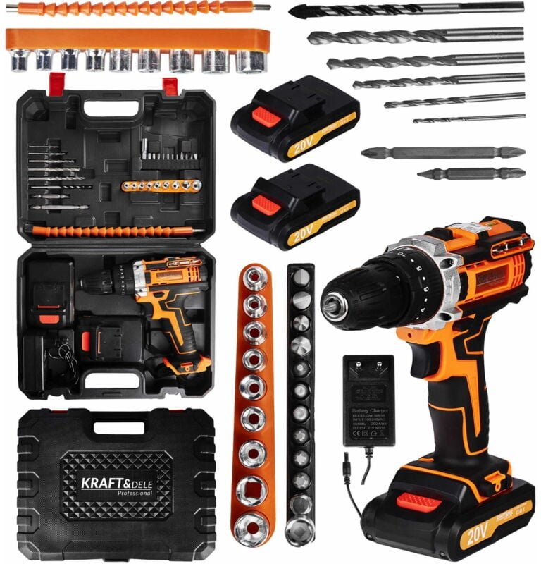 Kraft&Dele Akku-Bohrschrauber 2 Akkus 2000 mAh 20 V , 30 Nm, 2-Gänge, LED-Licht, im Koffer