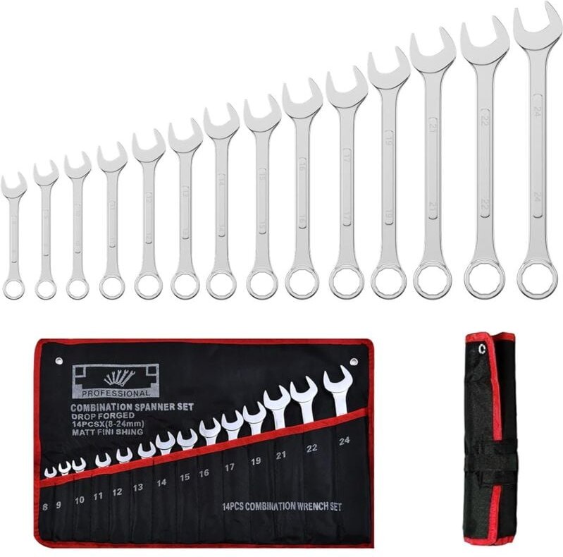 14-teiliges Ratschenschlüssel-Set, 8-24 mm Chrom-Vanadium-Stahl-Ringmaulschlüssel-Set, DIY-Roll-up-Werkzeugsatz, Polygon...