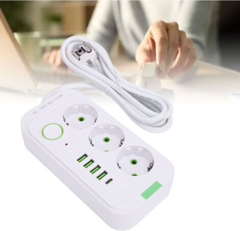 Europäische Mehrfachsteckdose mit 3 Steckdosen, 4 USB-Anschlüssen, 1 Typ-C-Anschluss und 2 m Kabel – Trimec