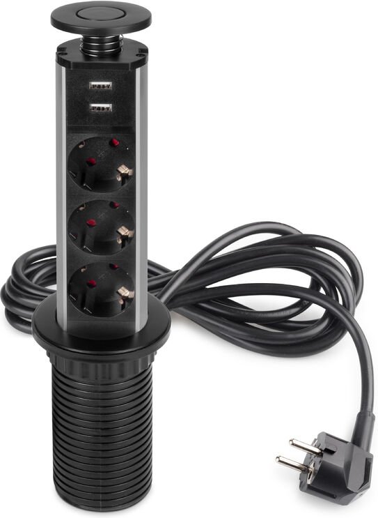 Abnehmbarer Multistecker Vertikal, 3 Schuko-Stecker, 2 usb Typ a, Kunststoff und Aluminium, Schwarz metallic - Emuca