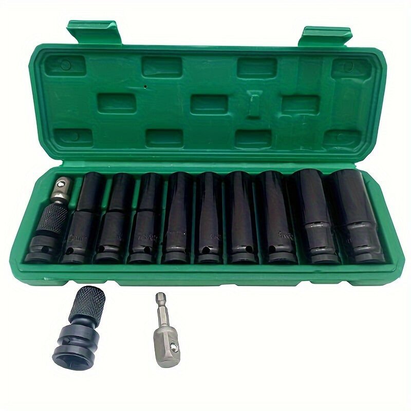 11-teiliges 1/2"-Schlagschrauber-Steckschlüssel-Set (10-24 mm) aus Kohlenstoffstahl – Adapter + Aufbewahrungskoffer – Id...