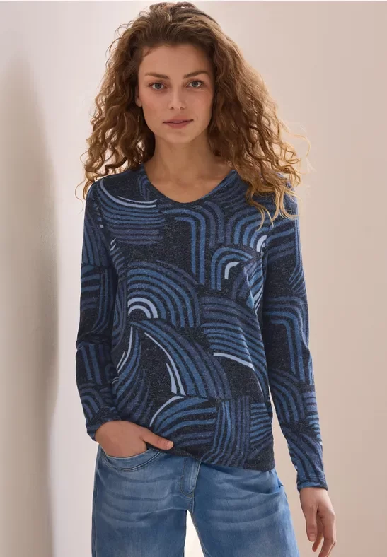 Cecil Damen Kuscheliges Shirt mit Print in Blau, Gr: XXL