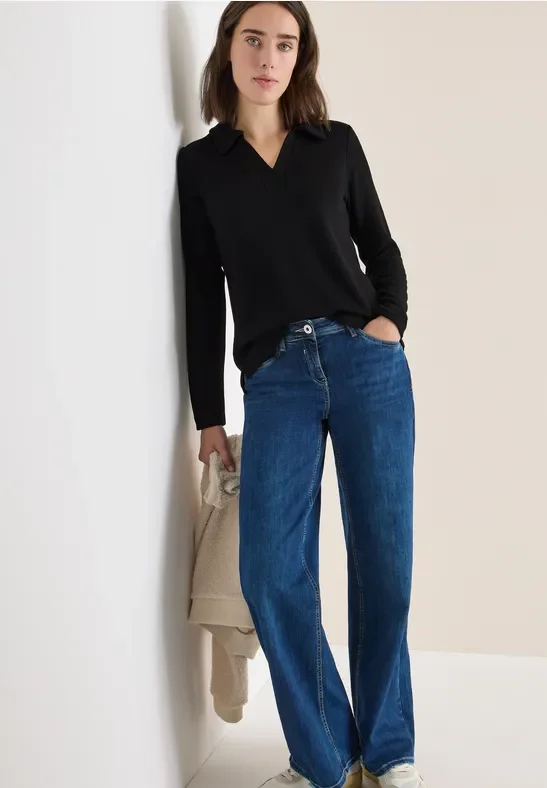 Cecil Damen Strick-Look Poloshirt in Schwarz, Gr: S