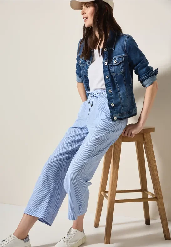 Cecil Damen Gestreifte Seersucker Hose in Blau, Gr: L