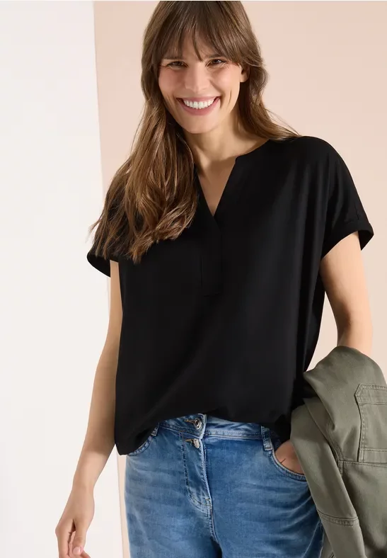 Cecil Damen Kurzarm Bluse mit Split Neck in Schwarz, Gr: XXL