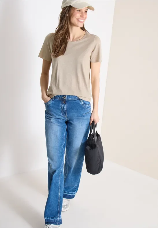 Cecil Damen Basic T-Shirt mit Rundhals in Beige, Gr: M