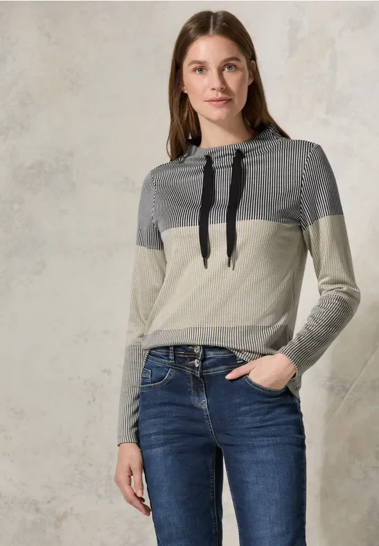 Cecil Damen Gestreiftes Colorblock Shirt in Beige, Gr: L