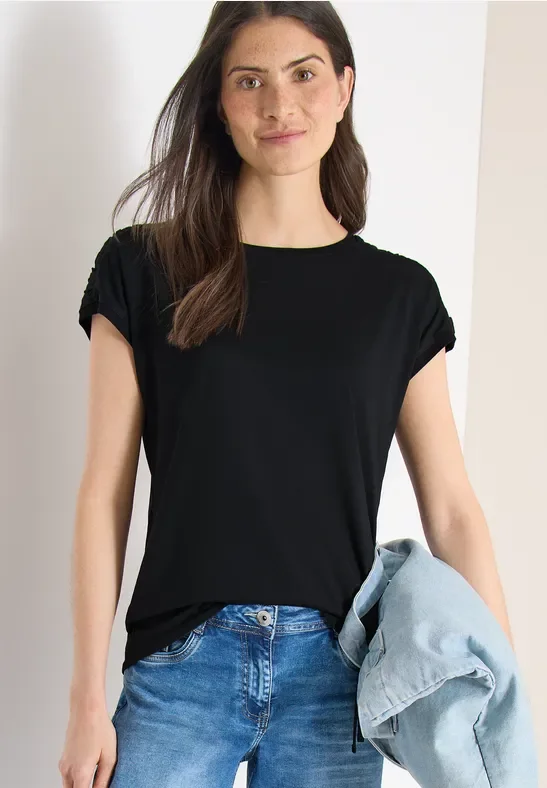 Cecil Damen Kurzarm Shirt mit Raffung in Schwarz, Gr: L