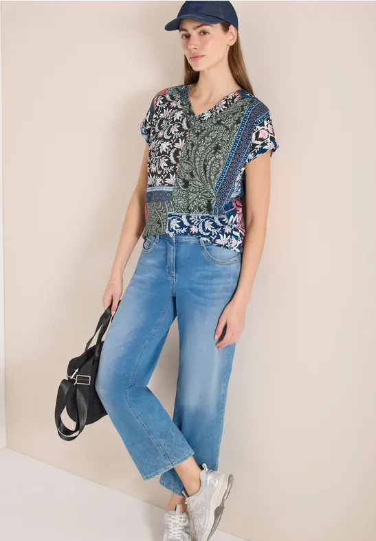 Cecil Damen T-Shirt mit V-Neck und Patchwork-Print in Grün, Gr: M