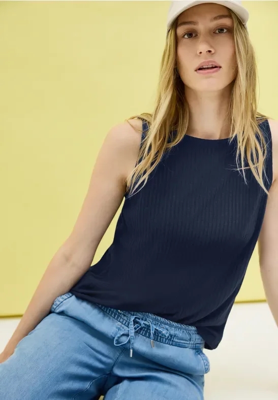 Cecil Damen Top mit Rippstruktur in Blau, Gr: XXL