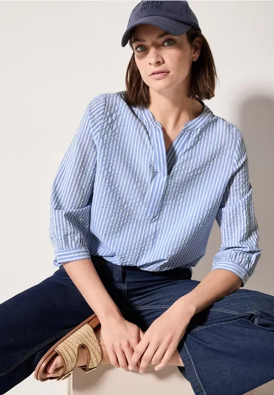 Thumbnail - Cecil Damen Gestreifte Seersucker Bluse in Blau, Gr: XL