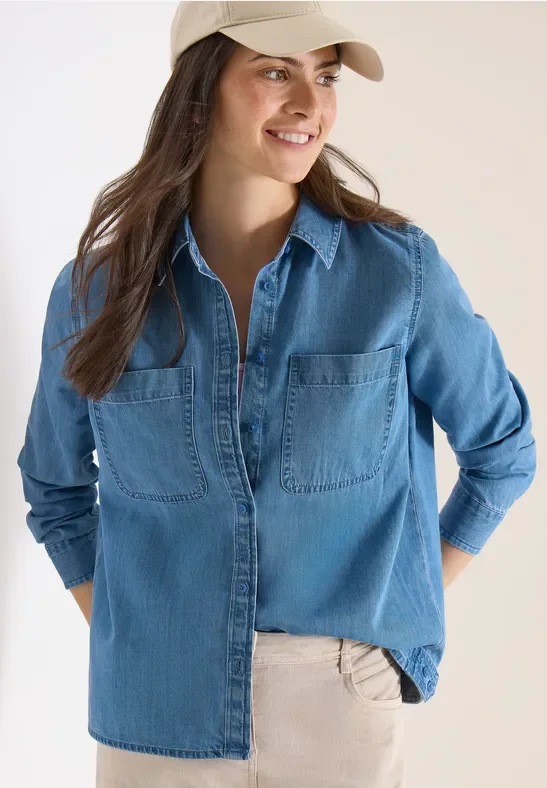 Cecil Damen Bluse mit Hemdkragen im Denim-Look in Blau, Gr: L