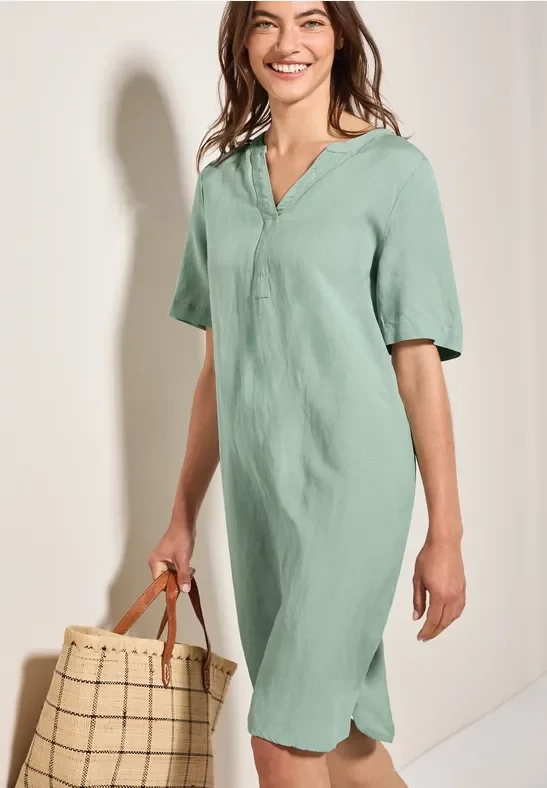 Cecil Damen Split Neck Leinenmix Kleid in Grün, Gr: XXL