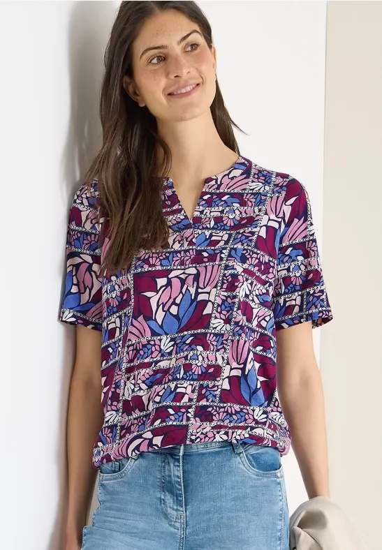 Cecil Damen Kurzarm Shirt mit Split Neck und Print in Rot, Gr: S