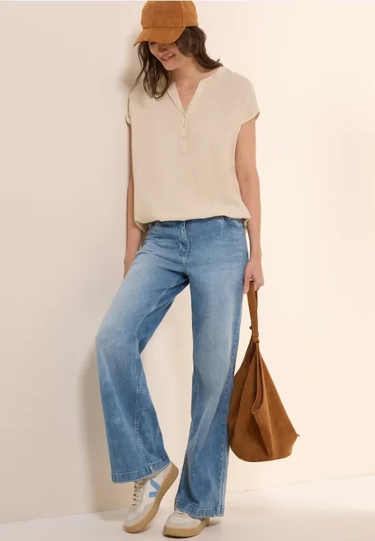 Cecil Damen Kurzarmbluse in Unifarbe in Beige, Gr: L