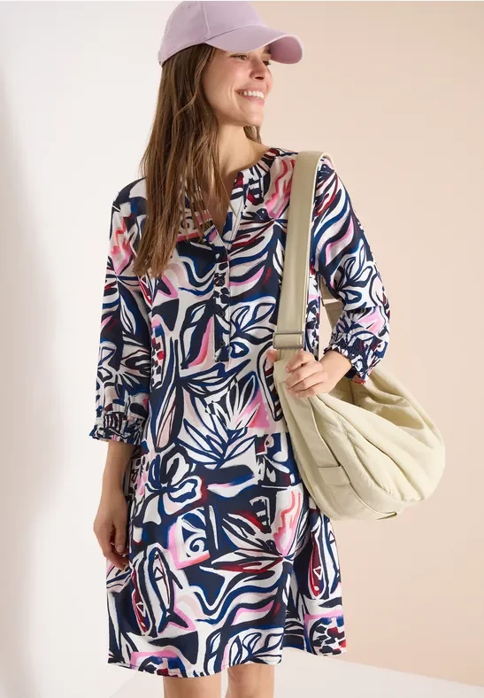 Cecil Damen Knielanges Kleid mit grafischem Muster in Blau, Gr: S