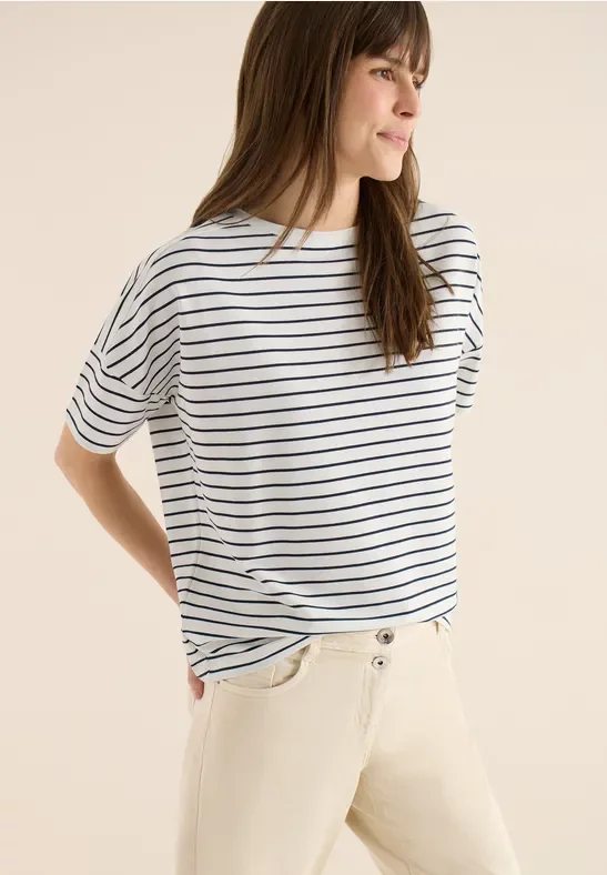 Thumbnail - Cecil Damen T-Shirt mit Boatneck und Streifen in Blau, Gr: L