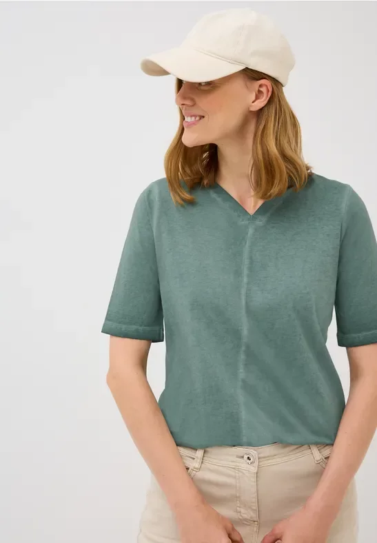 Thumbnail - Cecil Damen V-Neck Shirt im Washed-Look in Grün, Gr: M