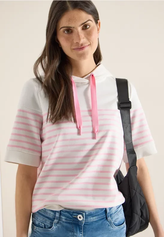 Cecil Damen Kurzarm Sweatshirt mit Kapuze und Streifen in Rosa, Gr: XXL