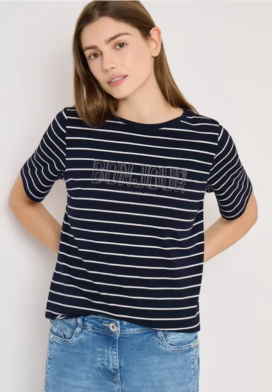 Cecil Damen Steifen-Shirt mit Wording in Blau, Gr: S