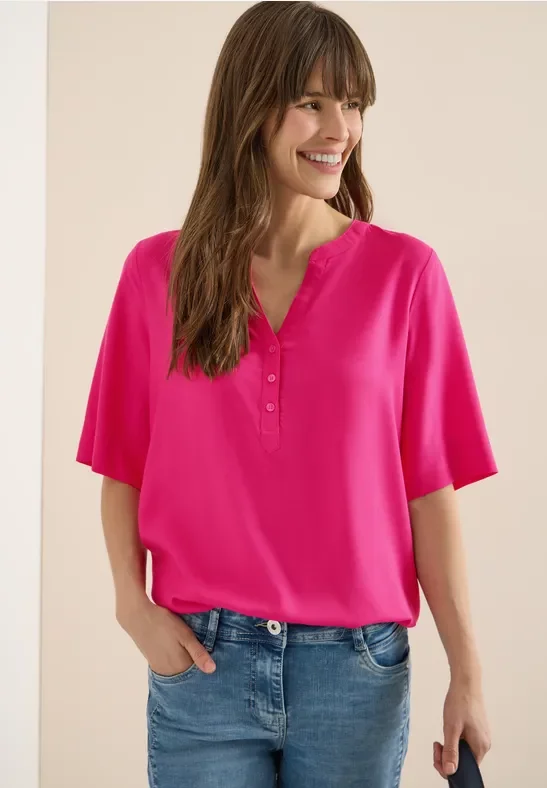 Cecil Damen Kurzarm Bluse mit Split Neck in Pink, Gr: XS