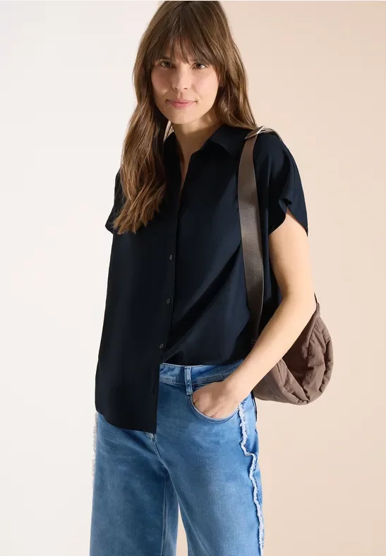 Cecil Damen Basic Bluse mit Hemdkragen in Unifarbe in Blau, Gr: L