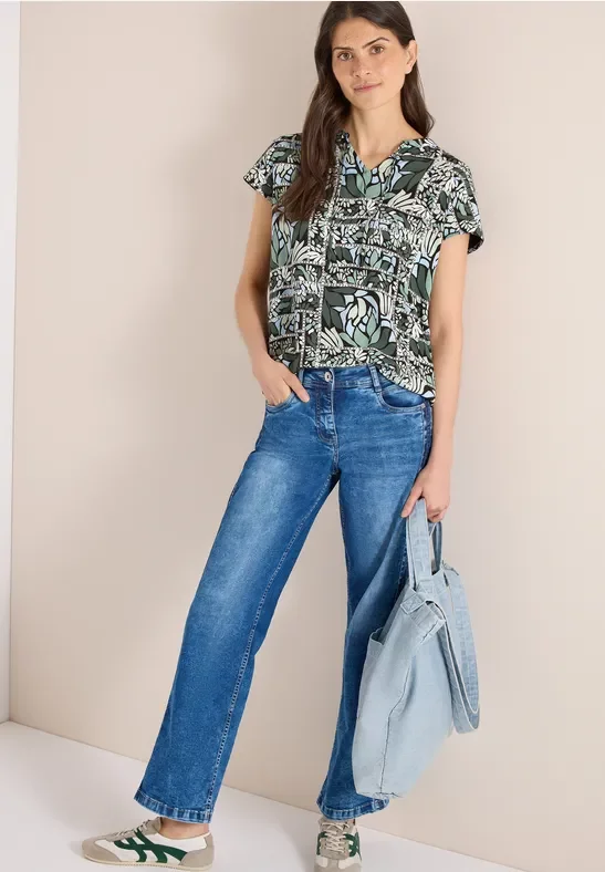 Cecil Damen Bluse mit Split Neck und Strukturmix in Grün, Gr: M