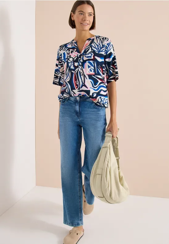 Cecil Damen Kurzarm Bluse mit Multicolor Print in Blau, Gr: XS