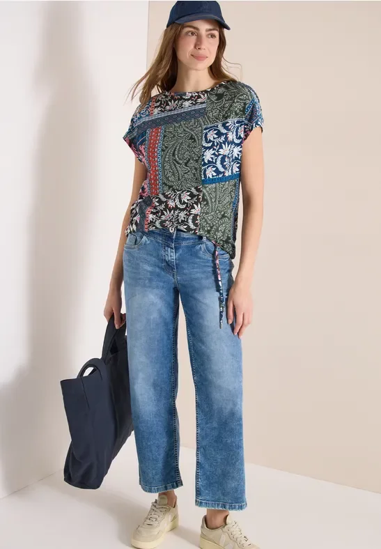 Cecil Damen Shirt mit Boat Neck und Patchwork-Print in Grün, Gr: M